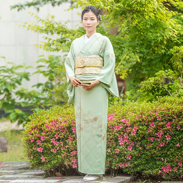 レンタル フルセット 夏用 単衣 訪問着 HEHO-MI067 白緑色 汕頭刺繍