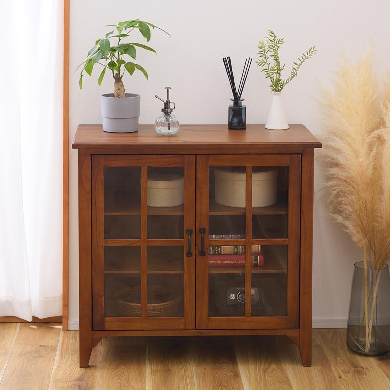 木製キャビネット ガラス扉 無垢材 北海道民藝 箪笥 本棚 ダーク