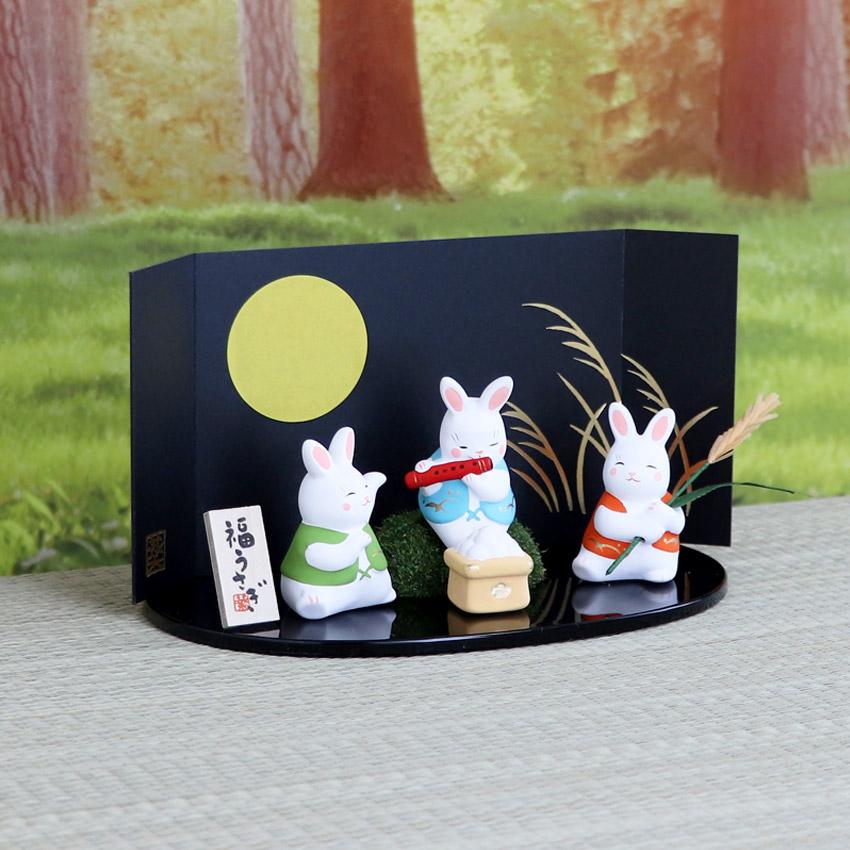 大阪長生堂 うさぎ ウサギ 兎 卯 置物 陶器 錦彩十五夜うさぎ（お月見