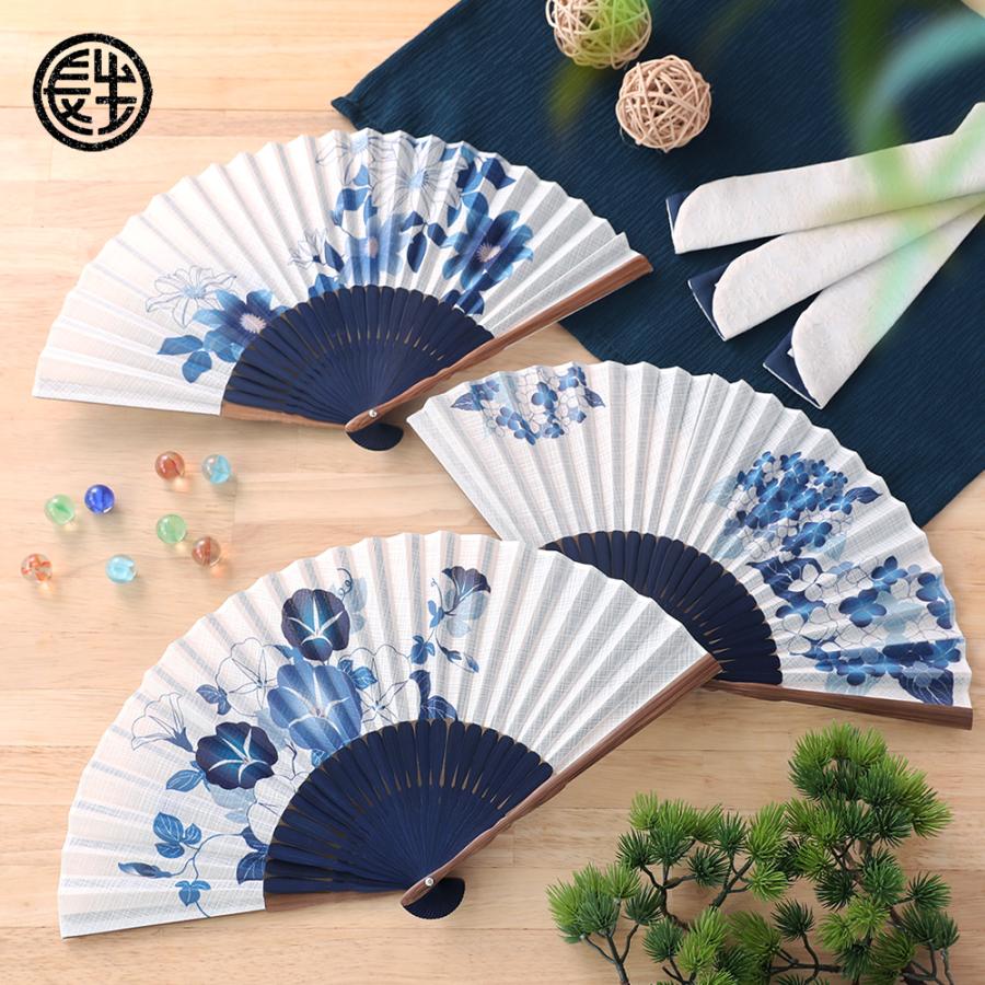 大阪長生堂 扇子 レディース 女性用 扇子袋付 藍花 名入れ 無料特典