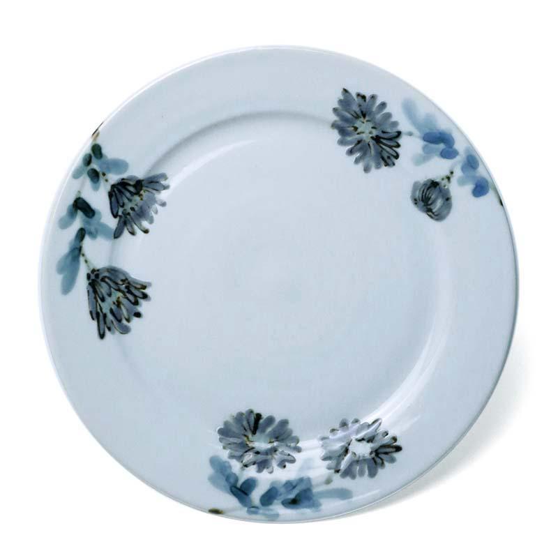 藍古九谷 柴垣に菊花の図 五寸皿 宮内庁御用窯 菊型