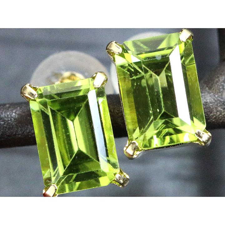 ペリドット 角エメラルドカットの一粒 K18YGゴールドピアス スタッド
