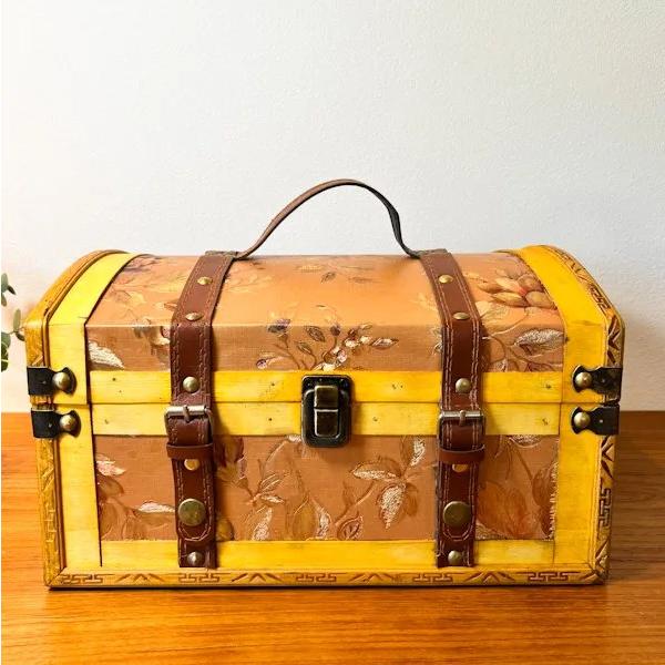 アンティーク調ウッドBOX（黄花L）♪ 宝箱 収納雑貨 小物入れ おもちゃ