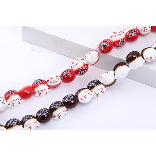 チャイナビーズ 陶器ビーズ 招き猫 13×14mm 横穴 フラワー柄【4ヶ