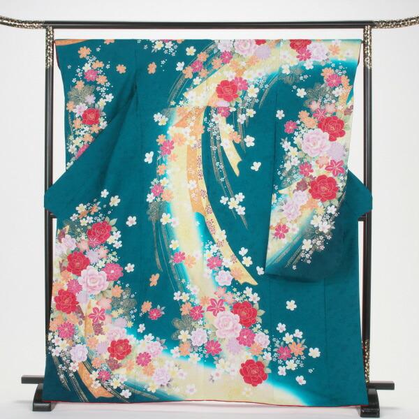 京都きもの友禅 振袖 中古 フルセット 成人式 Mサイズ 古典 グリーン系