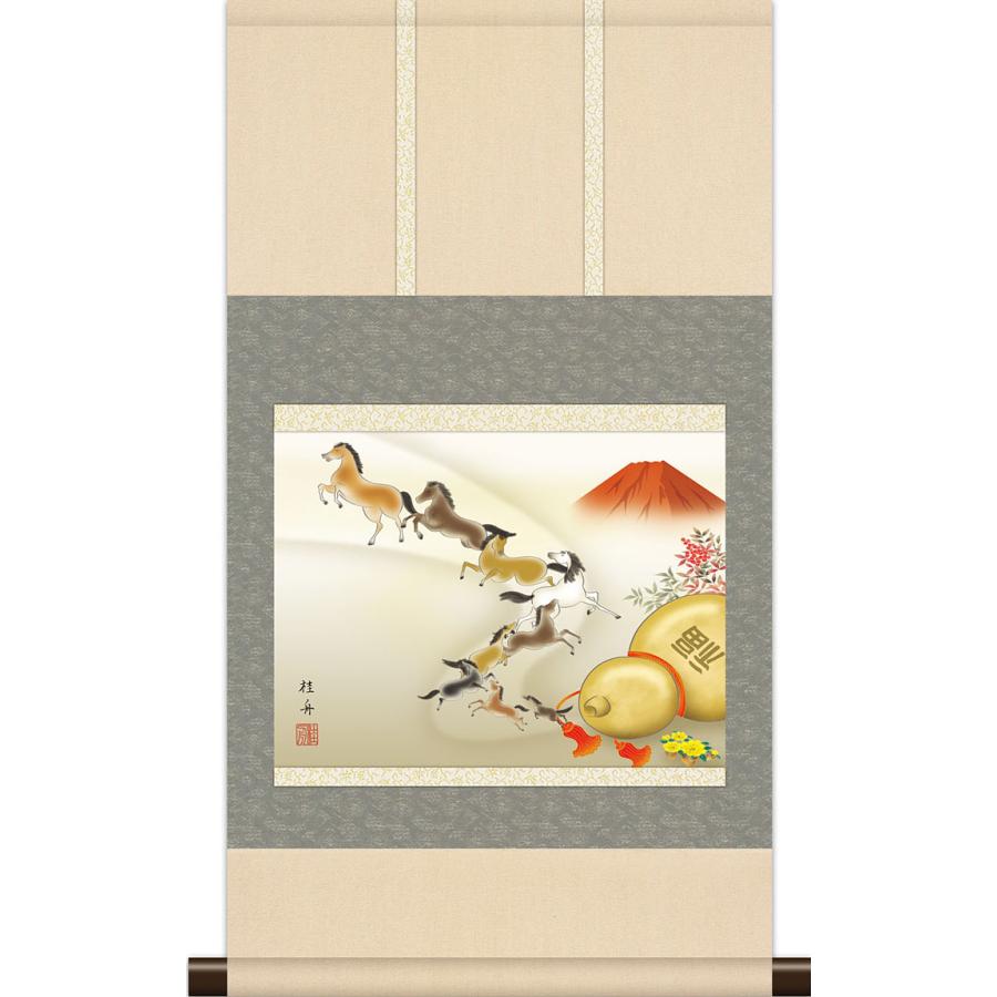 真作】掛軸 双馬図 躍動感あふれる墨馬 二頭の馬が駆ける吉祥画 R199