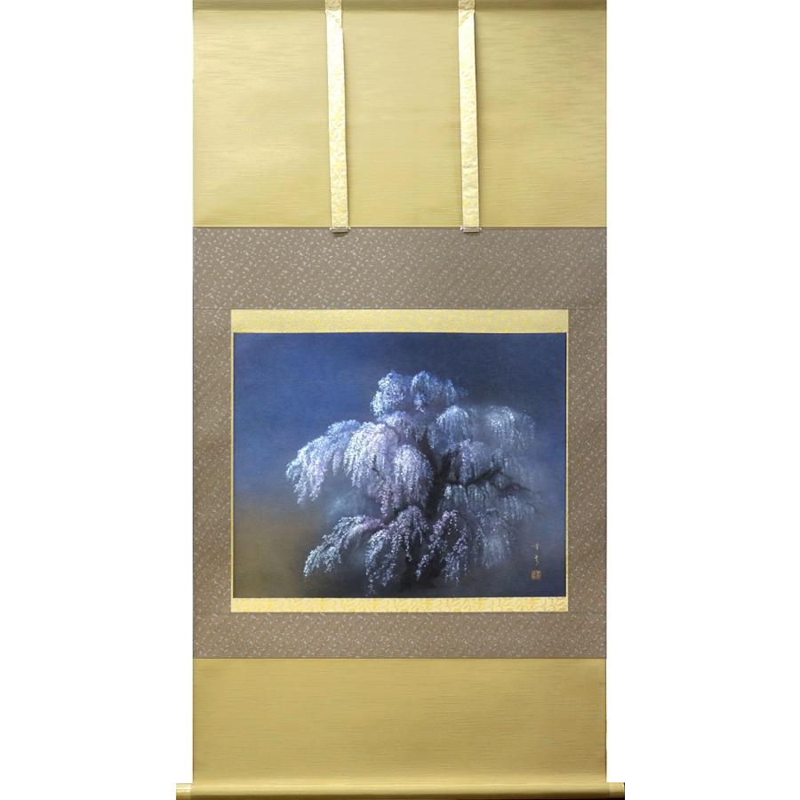 夜桜図】智 2613 花見 月 共箱 掛け軸 肉筆 夜桜図】智 2613 花見 月