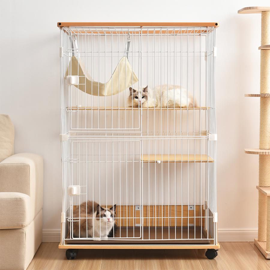 BTM 猫 ケージ トレイ付 ハンモック付 キャットケージ 2段 キャスター