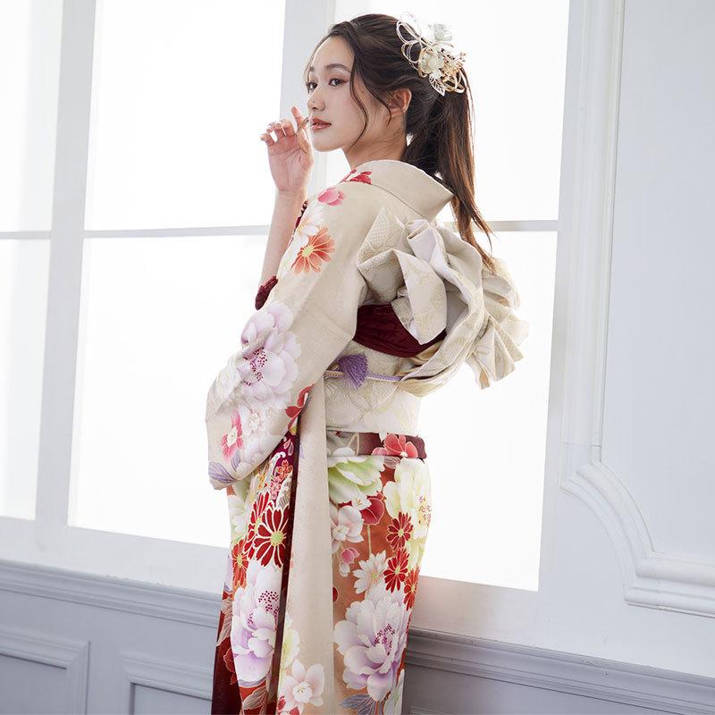 振袖レンタル 薄茶 花と御所車に雪輪文（絹） 成人式 結婚式 一点物