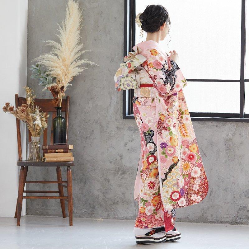 振袖レンタル ピンク 桧扇に花（絹） 成人式 結婚式 対応身長154