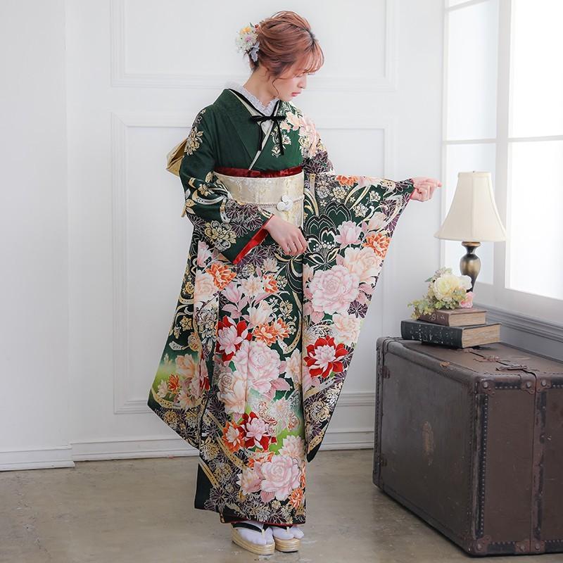 振袖 レンタル 成人式 結婚式 深緑 豪華金桜に薔薇(絹)12月〜1月利用