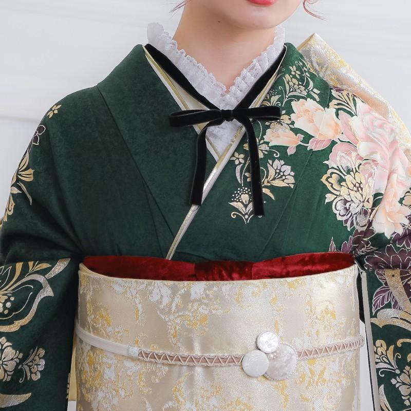 振袖 レンタル 成人式 結婚式 深緑 豪華金桜に薔薇(絹)12月〜1月利用