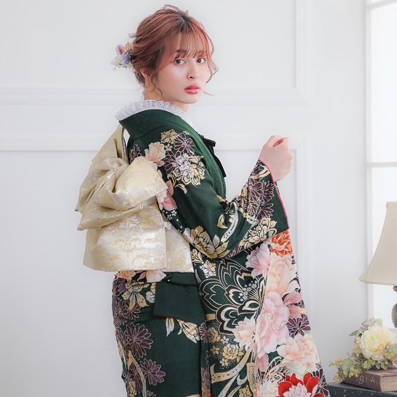 振袖 レンタル 成人式 結婚式 深緑 豪華金桜に薔薇(絹)12月〜1月利用