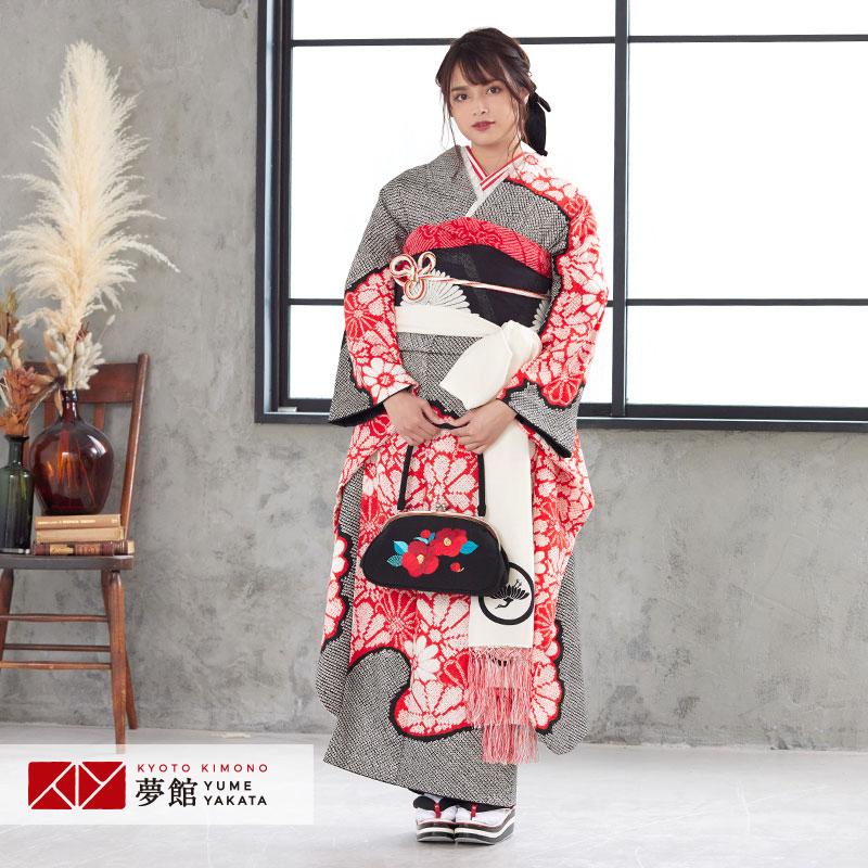 振袖 レンタル 成人式 結婚式 黒 総絞り 赤い菊12月〜1月利用 対応身長