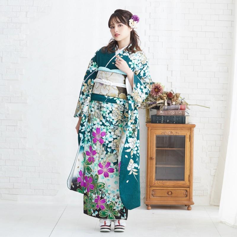 振袖 レンタル 成人式 結婚式 緑 枝垂桜に蝶(絹)12月〜1月利用 対応