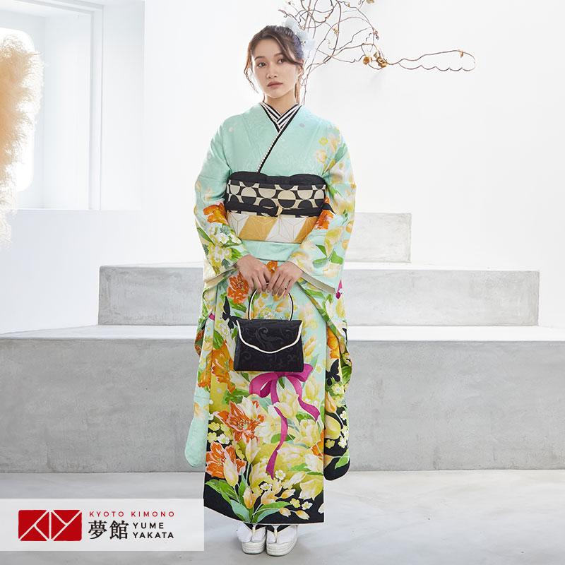 振袖 レンタル 成人式 結婚式 グリーン チューリップにリボン(絹) Lako