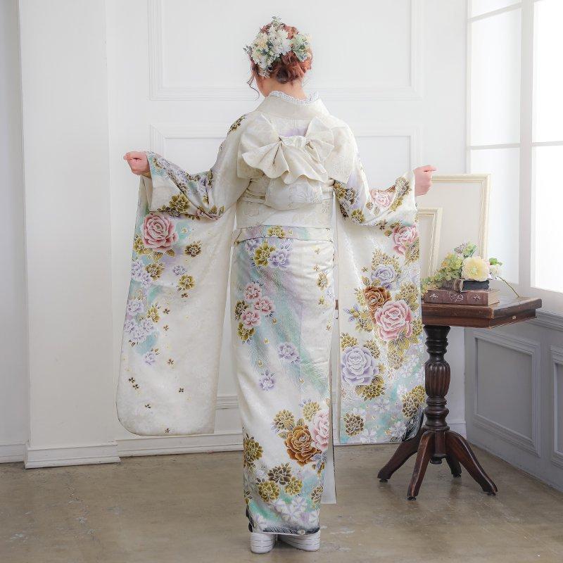 振袖 レンタル 成人式 結婚式 白 薔薇と孔雀（R554）(絹)12月〜1月利用