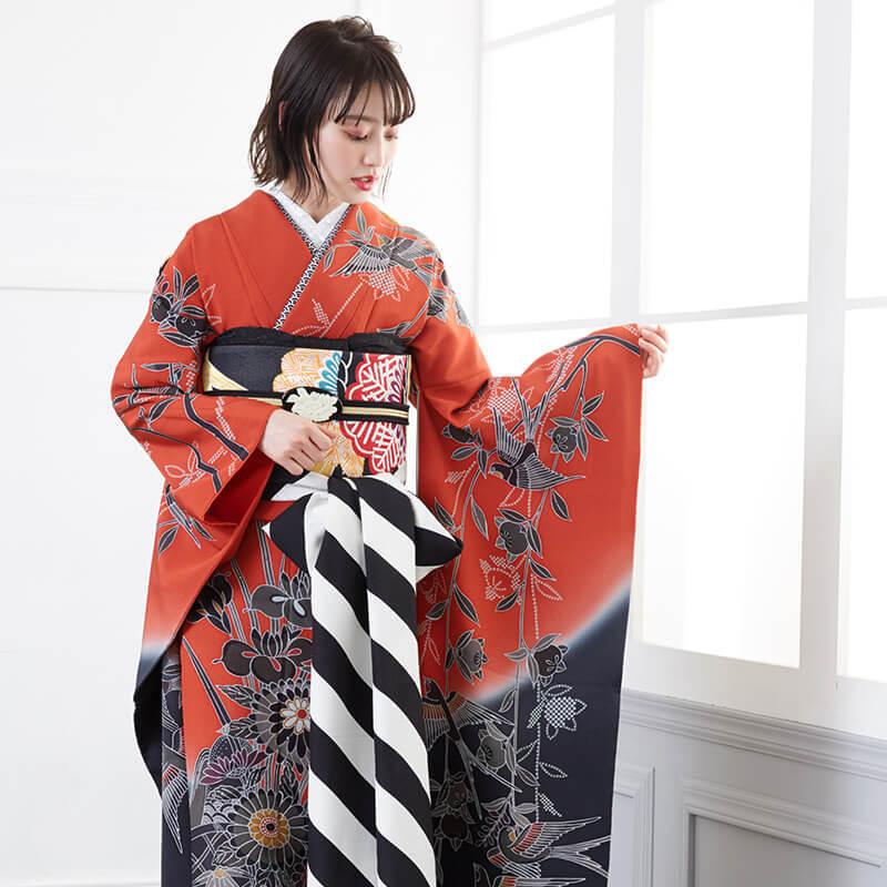 たいちゃん2点Q2940AA大サイズお仕立上り正絹振袖赤黒地に花蝶模様