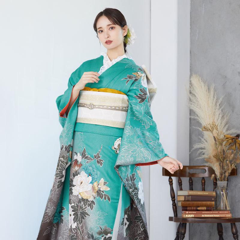 振袖 レンタル 成人式 結婚式 ラメグリーン 牡丹に蝶(絹) 一点物