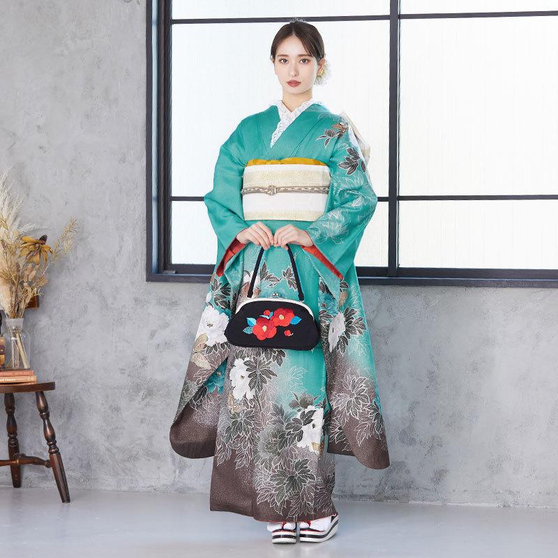 振袖 レンタル 成人式 結婚式 ラメグリーン 牡丹に蝶(絹) 一点物