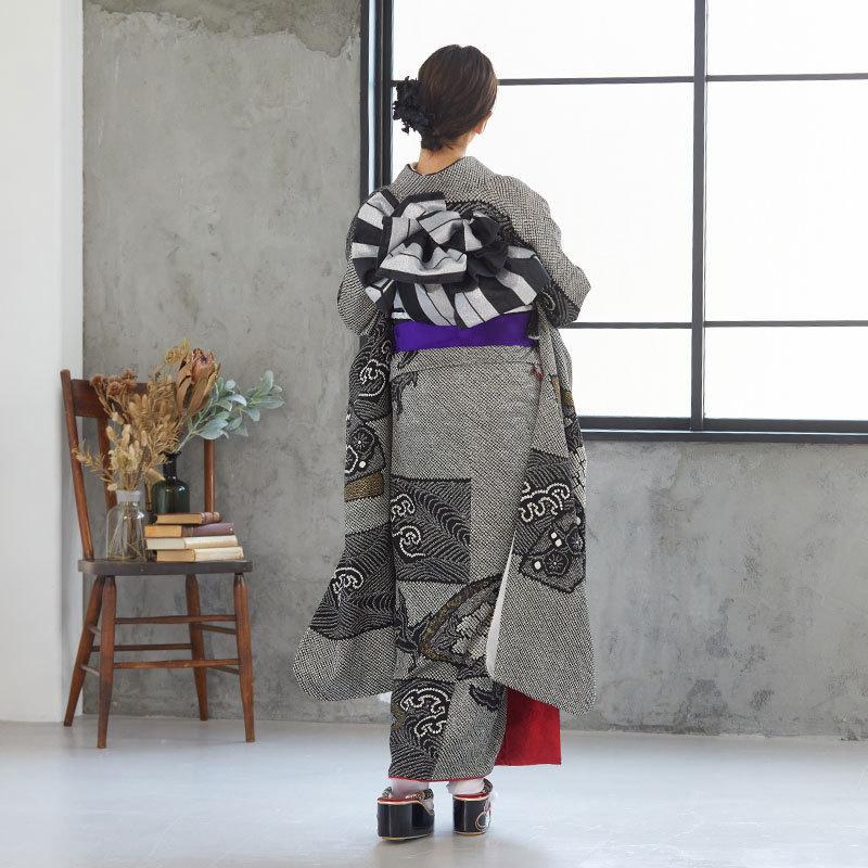 振袖 レンタル 成人式 結婚式 黒 総絞り 波頭に牡丹(絹) 一点物 12月