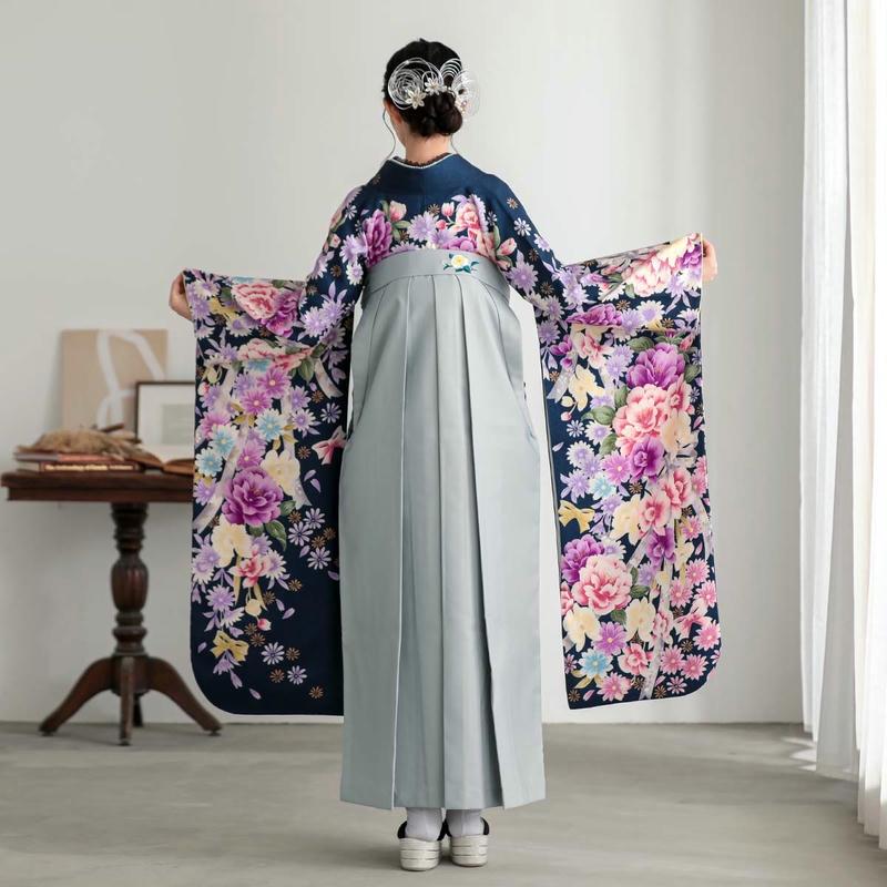 卒業式 袴セット 鉄紺 牡丹に水仙(絹)一点物 レンタル 大学生 振袖袴
