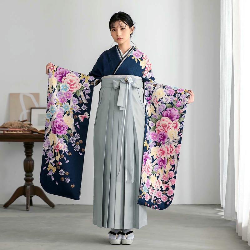 卒業式 袴セット 鉄紺 牡丹に水仙(絹)一点物 レンタル 大学生 振袖袴