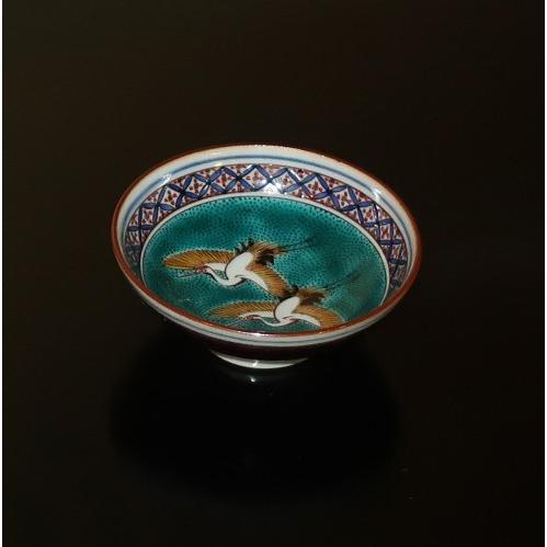 九谷焼 酒杯（平盃）ぐい呑み 酒器 古九谷風色絵双鶴図 （故）西田伸也