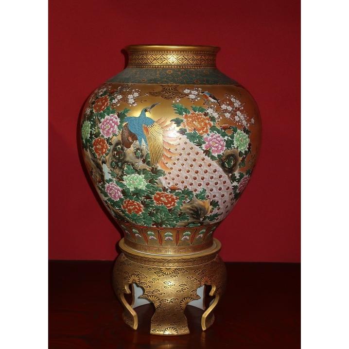 九谷焼 【故物】花瓶 陶器 特大台付花瓶（24号高さ74cm)）本金割取 七