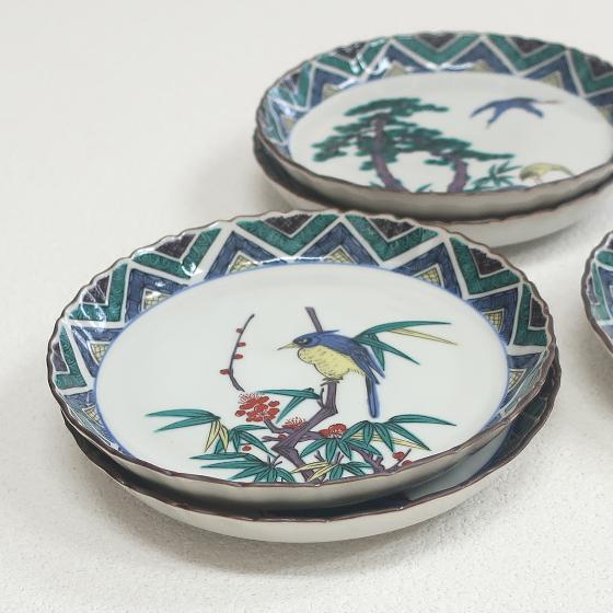 古九谷 九谷焼 輪華皿 陽刻 花の図 蔵出し 5客 古九谷 九谷焼