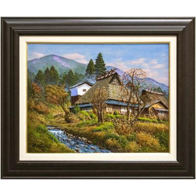額縁付き日本田舎風景画 水彩画