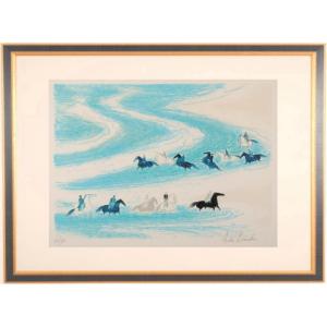 馬 絵画 リトグラフ 版画 ポール・ギヤマン 「5頭の馬」 額付き