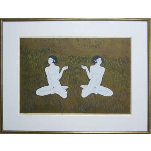 岡本 よし美 絵画 版画 木版画 人物画 花女童 送料無料 : アートフジ