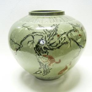 李朝 青花仏文蓋付壺 全高36cm 韓国 朝鮮 陶磁器 希少 地蔵 卍 美品