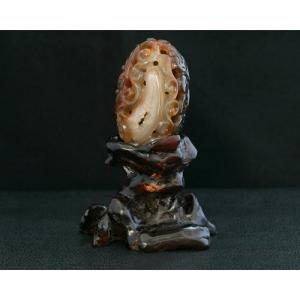 瑪瑙 メノウ 置物 パワーストーン 天然石 風水 如意＆ヒキュウモチーフ