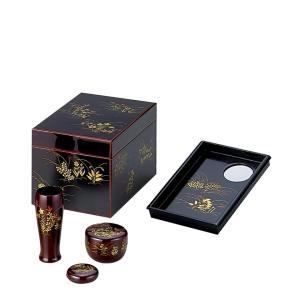 茶道具 茶箱 利休茶箱 本漆手塗り 朱蒟醤 キンマ彫 三点セット付 中村