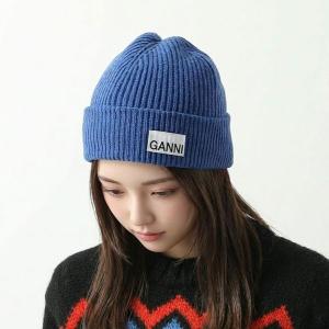 GANNI（ガニー） リブニットビーニー ロゴ入り ウール ニット帽 Wool