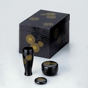 茶道具 茶箱 利休茶箱 本漆手塗り 朱蒟醤 キンマ彫 三点セット付 中村