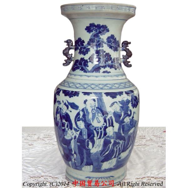 中国古玩 染付 双耳 大花瓶 高約43.2cm 清朝 時代物 中国美術 花瓶