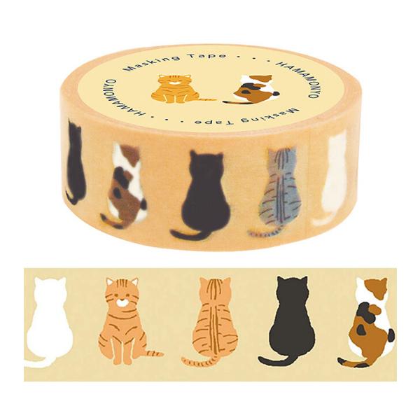 濱文様 おすわり猫ならべ 15mm マスキングテープ / 可愛い ネコ マステ