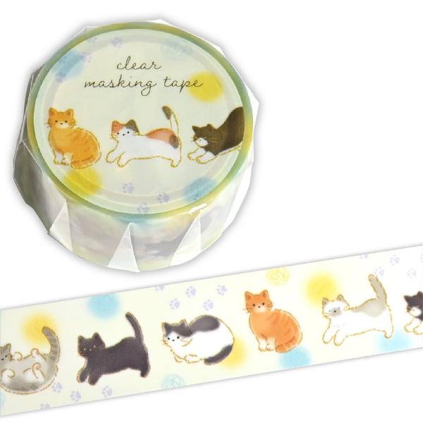 エヌビー社 クリアテープ 猫と水玉 20mm / ネコ 手で切れる 透明 PET