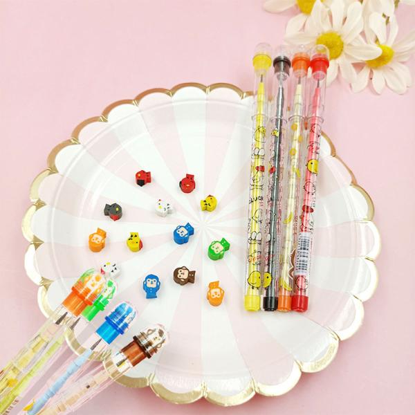 ロケット鉛筆4本。軸にキャラクタ、キャップに超ミニ消ゴム。尖った芯