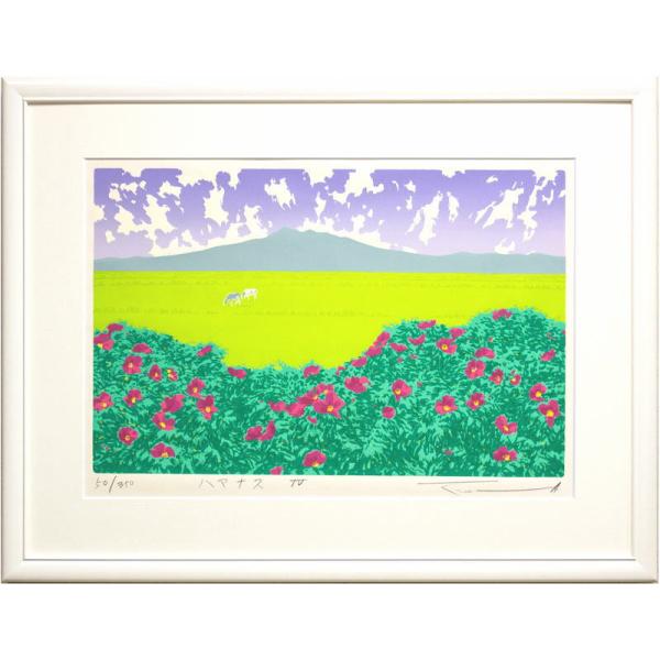 本間武男 版画 シルクスクリーン 湖水の夕映 181/430 額縁割れ有 本間