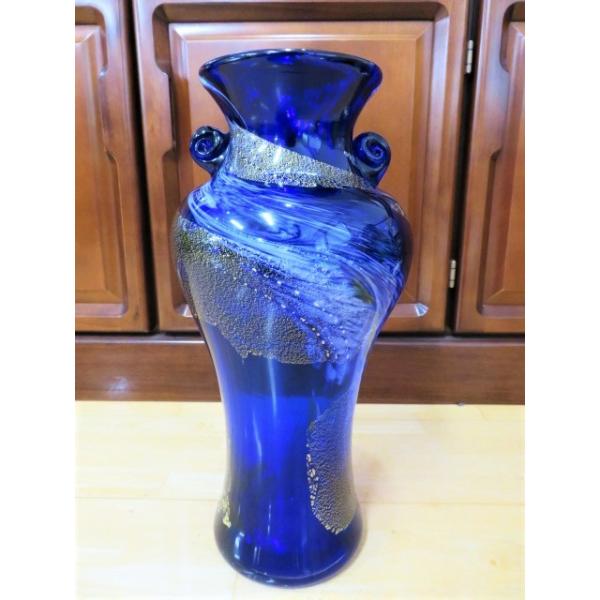 ローマングラス 青と黒のストライプ模様 ガラス花瓶 【公式通販】