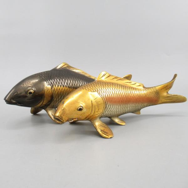 銅製 鯉 置物 2点 双鯉 縁起物/彫刻/風水/開運/和風/金属工芸 o126oyfu