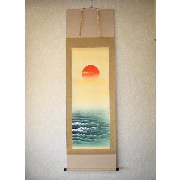 真作】掛軸 水野陽翠 海 絶壁と波の彩 日本画 太巻 共箱入 T90 真作