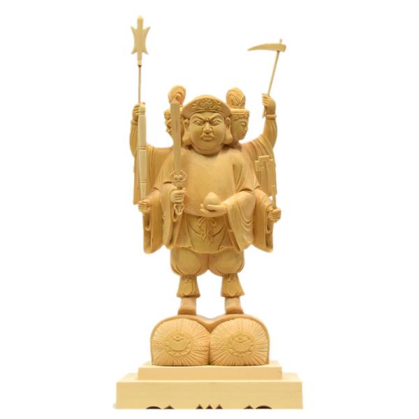 木彫り仏像 【三面出世大黒天】桧木 上彫 立5.0寸 総丈33cm 比叡山形