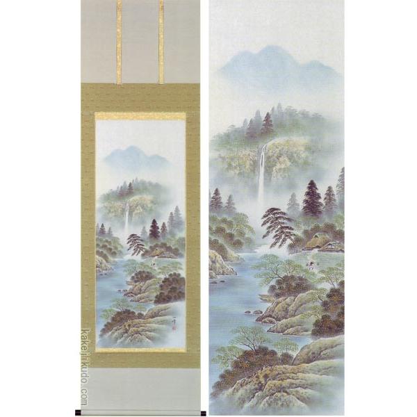 近藤清風 彩色山水図 掛け軸 尺八立 木箱入り 記名・押印あり 日本画