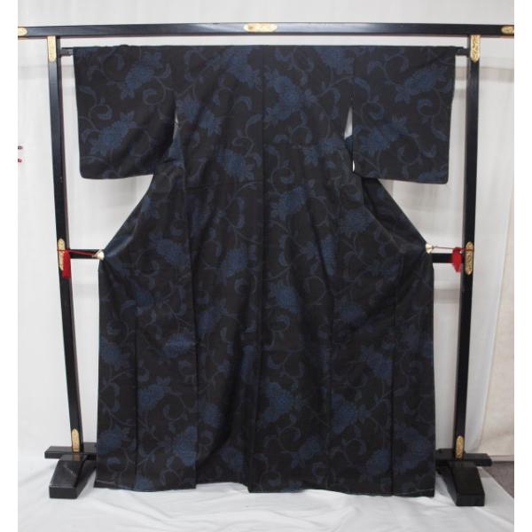 付け下げ 染大島紬 刺繍 葡萄 蔦 黒地 紋無し 着物 093a d 本場大島紬 袷