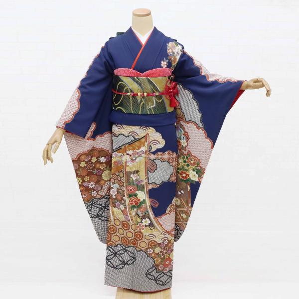 振袖 正絹 緑 黒 古典花柄 裄68.8㎝ 成人式 中古 C-73 振袖 正絹 緑黒